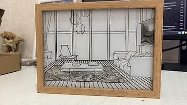 study lamp: Настольная картина-ночник в рамке с принтом интерьера гостиной. В — 1