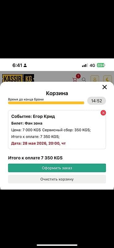 Билет: фан-зона на концерт «Егор Крид». На сайте один билет стоит 7000