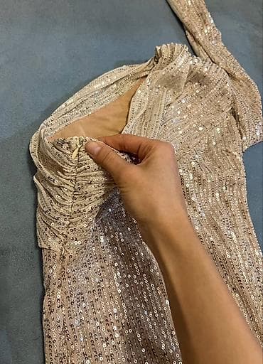 молодежная одежда: Платье вечернее с пайетками - Цвет: шампанское/бежевый с блеском - — 3