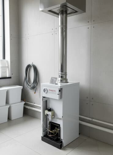 газовая печь для отопления частного дома: Напольный газовый котел в белом корпусе с хромированным дымоходом — 1