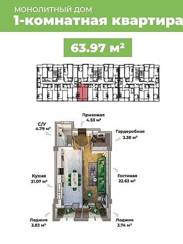 variant kg: 1 комната, 64 м², Элитка, Готовая ПСО (под самоотделку) — 3