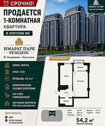 жк gravity: 1 комната, 54 м², Элитка, 7 этаж, Готовая ПСО (под самоотделку) — 7