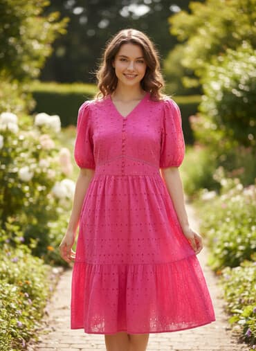 Яркое летнее платье миди цвета фуксия из хлопковой прошвы. -