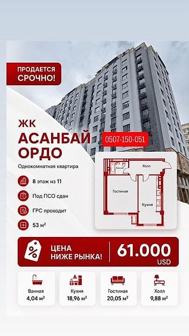 8: 1 комната, 53 м², Асанбай мкр Элитка, 8 этаж, ПСО (под самоотделку) — 1