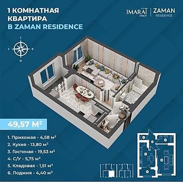 заман резиденс: 1 комната, 51 м², Элитка, 10 этаж, Готовая ПСО (под самоотделку) — 1