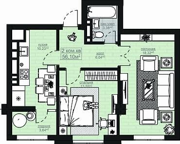 osh flat: 2 комнаты, 56 м², Асанбай мкр Элитка, 5 этаж, Дизайнерский ремонт — 3