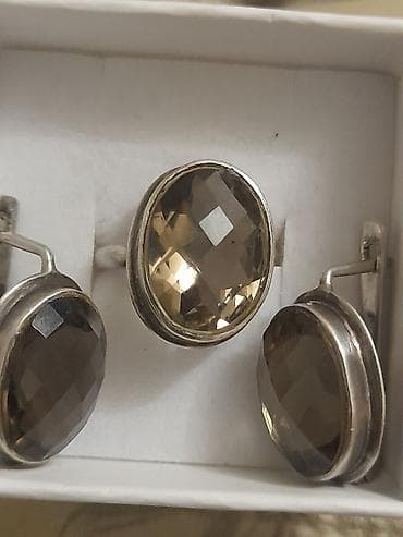 Серьги: Продаю комплект из серебра 925 пробы с камнями Раух топаз,огранка — 2