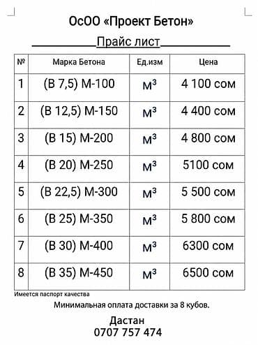 Бетон от ОсОО «Проект Бетон». Марки и цены за м³: - (B 7,5) M-100 — 4 lalafo.kg да Бетон от ОсОО «Проект Бетон». Марки и цены за м³: - (B 7,5) M-100 — 4