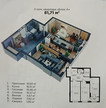 8: 2 комнаты, 80 м², Джал мкр (в т.ч. Верхний, Нижний, Средний) Элитка, 8 этаж, ПСО (под самоотделку) — 3