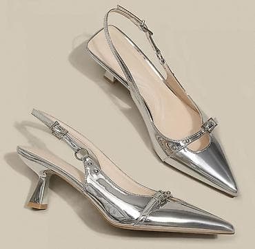 Женские туфли-слингбэки в зеркальном серебристом цвете. Каблик 6см