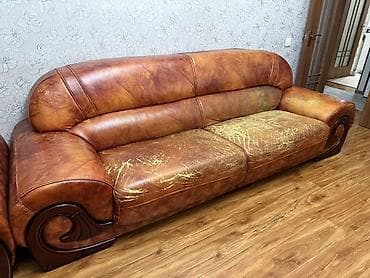 кожаная мягкая мебель: Комплект мягкой мебели, Б/у, Самовывоз, цвет - Коричневый — 2