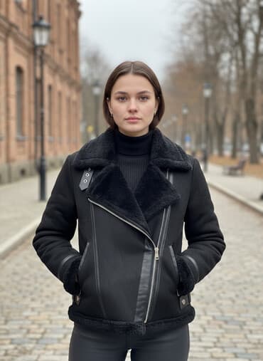 вечернее платье трансформер: Женская утеплённая куртка‑дублёнка в стиле авиатор, цвет чёрный — 1