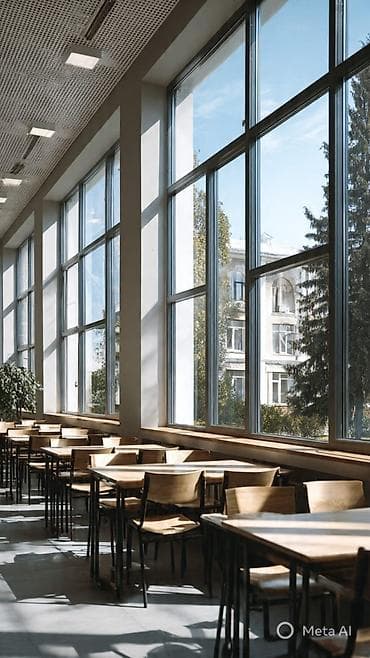 рамка для окон: Многосекционное окно с рамами из темного материала, вероятно, алюминия — 9