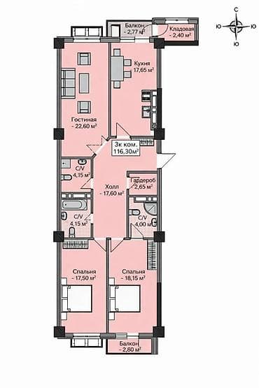 3 комнаты, 116 м², Элитка, 2 этаж, Готовая ПСО (под самоотделку)