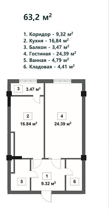1 комната, 63 м², Восток-5 мкр Элитка, 9 этаж, ПСО (под самоотделку) — 2
