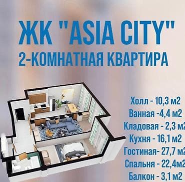 гостиница азия молл: 2 комнаты, 84 м², Элитка, 11 этаж, Готовая ПСО (под самоотделку) — 2