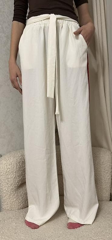 Брюки женские широкие, белые, с лампасами - Свободный прямой крой