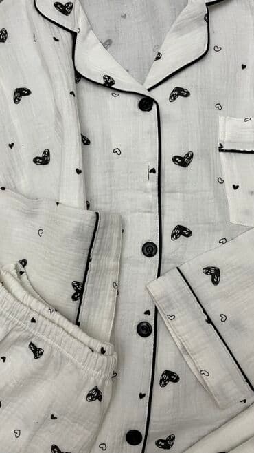 белая ночная сорочка: Пижама, Муслин, На пуговицах, S, M, XL — 2