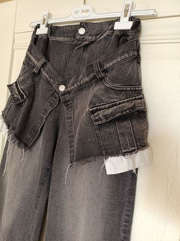 женские джинсовые шорты с завышенной талией: Джинсы, Прямые, Высокая талия, С бахромой — 2