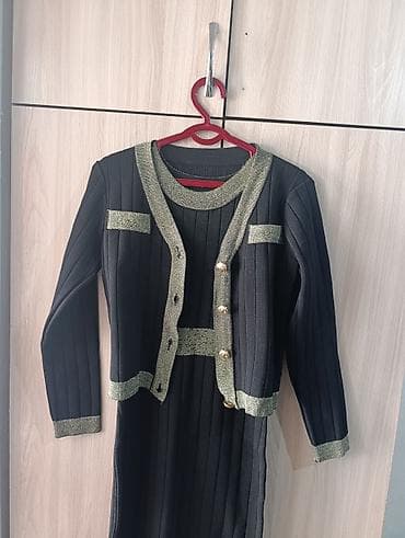 женские кардиган: Вязаный женский комплект: платье миди + кардиган - Цвет: чёрный с — 2