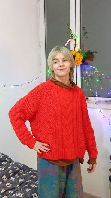 вязанный жилет: Тёплый вязаный свитер насыщенный оранжевый на 10-12 лет особенно — 4