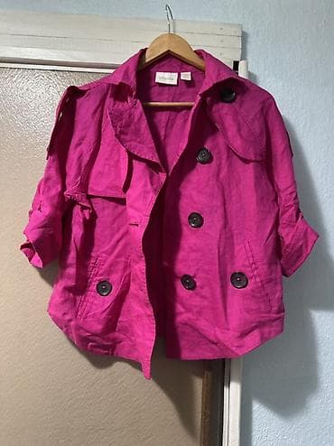 second hand: Яркий короткий тренч/жакет цвета фуксия. Особенности: - Двубортная — 5