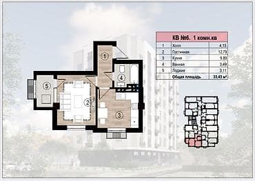 3 х комн квартира: 1 комната, 33 м² — 1