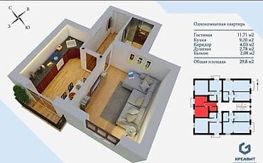 Батирлер: 1 бөлмө, 30 м², Жеке план, 1 кабат, Евроремонт — 5