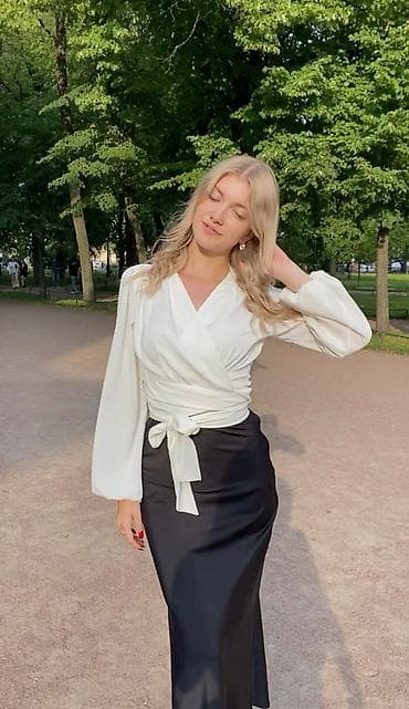 river woods: Блузка, Классическая модель, Сатин, Однотонный, На запах — 2