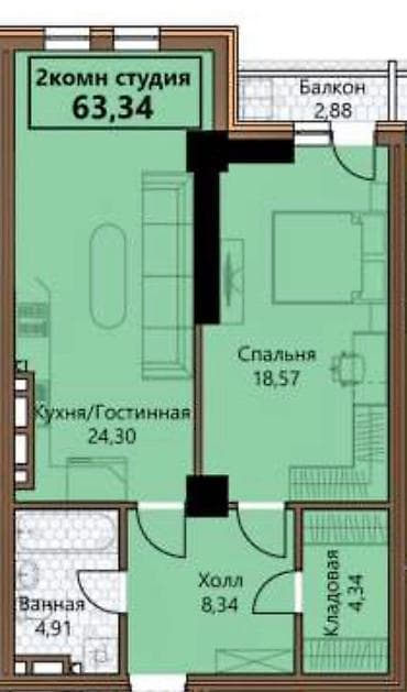 5: 2 комнаты, 63 м², Южная Магистраль 9 этаж, ПСО (под самоотделку) — 1