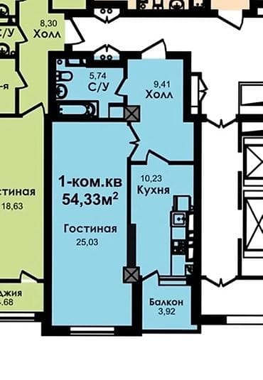 Квартиры: 1 комната, 54 м², 9 этаж, ПСО (под самоотделку) — 2
