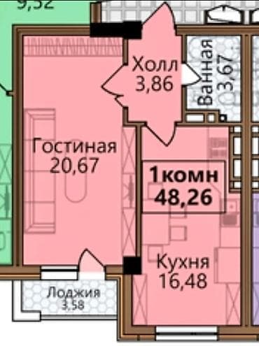 58: 1 комната, 48 м², Южная Магистраль Элитка, 2 этаж, ПСО (под самоотделку) — 3