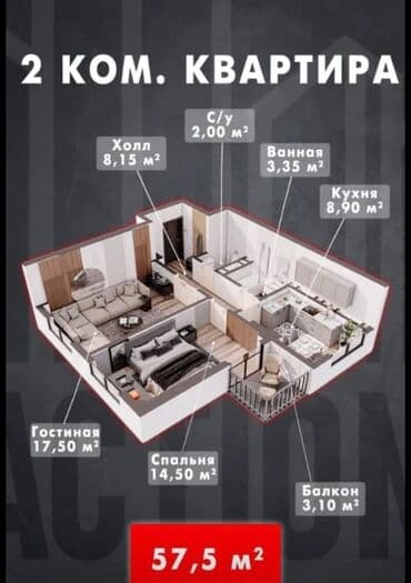 срочно сниму квартиру в районе кирком стром на долгий срок: 2 комнаты, 58 м², Элитка, 14 этаж — 2