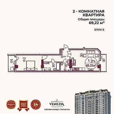 venezia: 2 комнаты, 69 м², Бишкек Парк ТРЦ 3 этаж, ПСО (под самоотделку) — 1