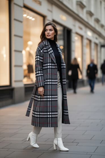 пальто в клетку: Пальто в клетку с поясом от burberry - Длина: миди (ниже колена) - — 1