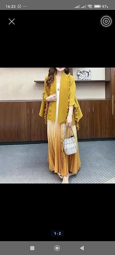 Женский комплект в теплой горчичной гамме: - Свободный кардиган с