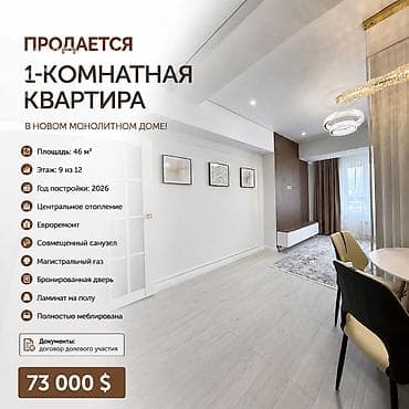 46: 1 комната, 46 м², ул. Лев Толстой Элитка, 9 этаж, Евроремонт — 1