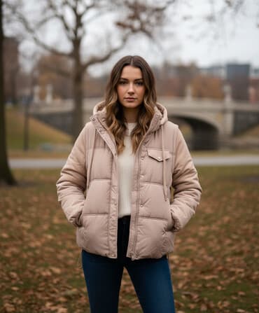 ич май: Утеплённая куртка-пуховик пудрово-розового цвета с интегрированным — 1