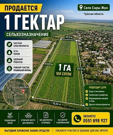 Кыймылсыз мүлк: 100 соток, Айыл чарба үчүн — 1