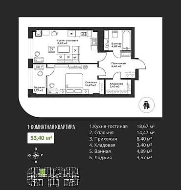 Недвижимость: 2 комнаты, 54 м², Элитка, Таш-Рабат ТРЦ Элитка, 12 этаж, ПСО (под самоотделку) — 2