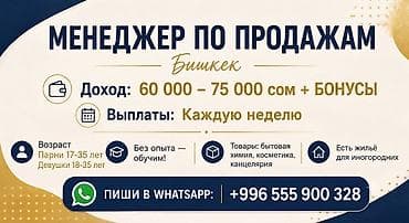 Вакансиялар: Вакансия: Менеджер по продажам (Бишкек) - Доход: 60 000–75 000 сом + — 1