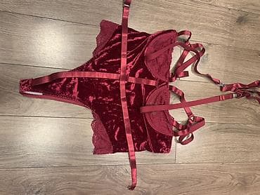 lining flex: Бордовый бархатный боди-комплект с подвязками - Материал: мягкий — 5