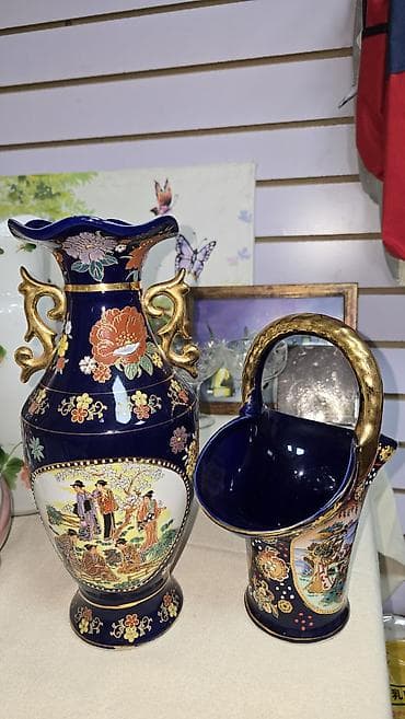 кувшин ссср: Ваза Япония "Сацума", винтаж, высотой 30см, золото, кобальт -1500с — 1