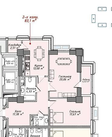 район юг 2: 2 комнаты, 83 м², Асанбай мкр Элитка, 14 этаж, ПСО (под самоотделку) — 3