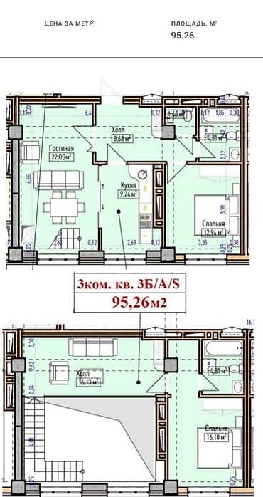 3 комнаты, 95 м², Асанбай мкр 10 этаж, ПСО (под самоотделку) — 2