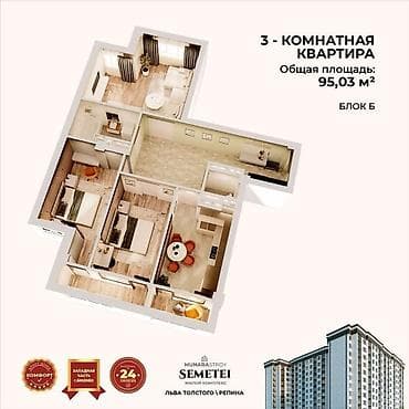 3 комнаты, 95 м², Пишпек Элитка, 11 этаж, ПСО (под самоотделку) — 6