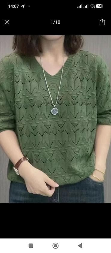 вязаный мужской пуловер: Вязаный джемпер женский, зеленый - Фасон: свободный силуэт, длина до — 1