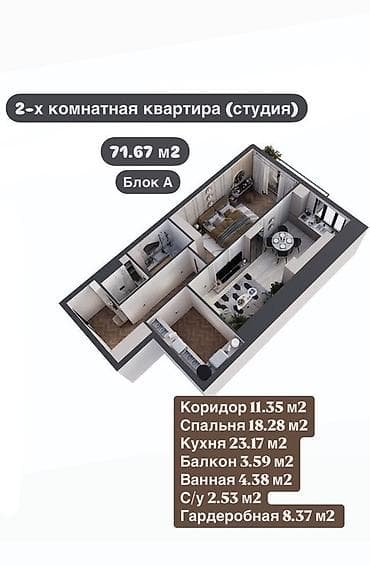 бишкек новостройки: Элитка, 2 комнаты, 72 м² — 4