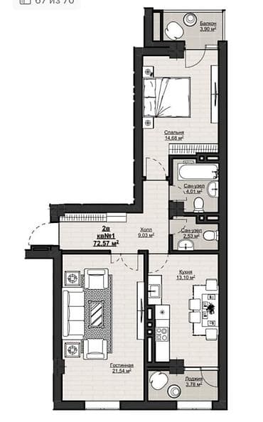 2 8: 2 комнаты, 72 м², Элитка, 14 этаж, Готовая ПСО (под самоотделку) — 2