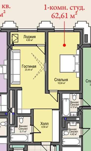 building: 1 комната, 62 м², Элитка, 5 этаж, Готовая ПСО (под самоотделку) — 4